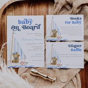 Bearbeitbares Baby an Bord, Einladungspaket, Sailor-Bär, Babypartyeinladung, Blaue nautische Babypartyeinladung, Segelboot-Baby, BBS168