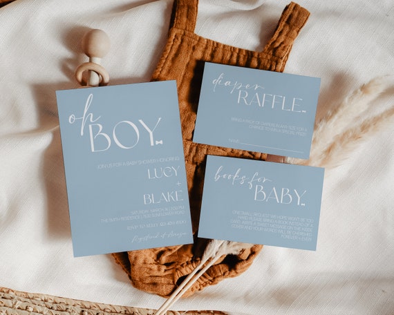 Blue Minimalist Oh Boy Baby Shower Invitation Bundle (Digital Download) CLP20