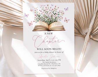 A New Chapter Begins Baby Shower Invitation, Storybook Baby Shower Invite, Pink Wildflower and Butterfly, Girl Baby Shower Invitation BBS153