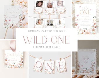 May include: A set of printable birthday party decorations with a floral theme. The decorations include a welcome sign, a banner, a thank you card, a photo card, and a blank sign. The decorations are in pink, white, and green colors with a floral pattern.