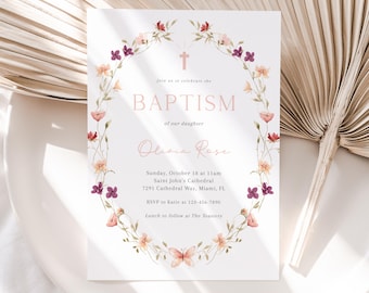 Wildflower Baptism | Printable Girl Invite, Dusty Pink Floral | Corjl Template | Digital 5X7 CLP255