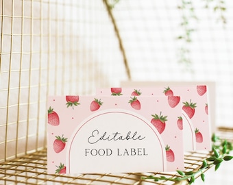 Plantilla de etiqueta de comida con fresas editable, plantilla de etiqueta de comida con fresas imprimible, plantilla de tarjeta de lugar con fresas rosadas, Corjl, descarga instantánea BBS127