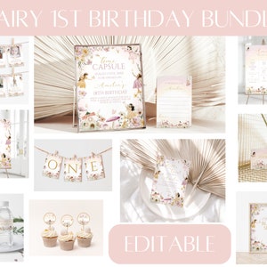 Editable Fairy 1st Birthday Invitation Bundle, Whimsical Fairy First Birthday Invite Bundle, Printable Girl 1st Birthday Decoration, CLP36