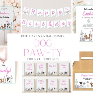 Editable Puppy Party Invitation + Decoration Bundle, Pink + Teal Dog Pawty Invite Set, Girl Dog Birthday Party, Instant Download, BB19