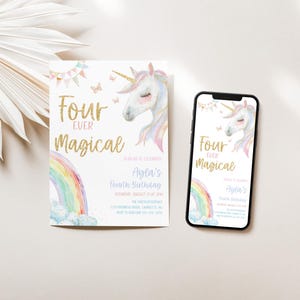 Unicorn 4Th Birthday, Rainbow Sparkles Invitation | Printable Corjl Template | 5X7 4X6 Mobile CLP223 image 2
