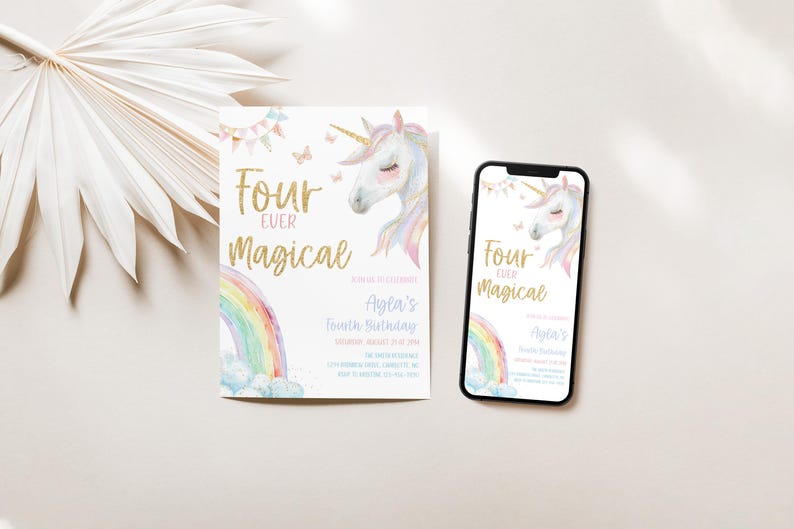 Unicorn 4Th Birthday, Rainbow Sparkles Invitation | Printable Corjl Template | 5X7 4X6 Mobile CLP223 image 2