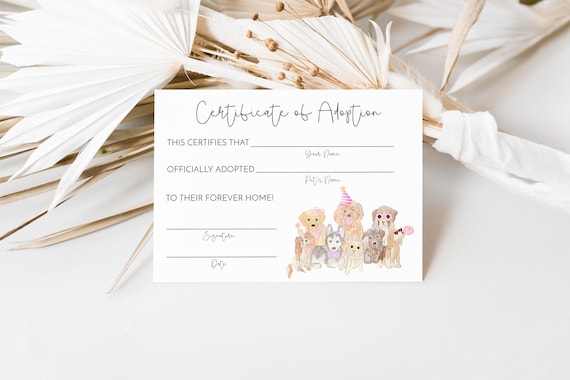 Dog Adoption Certificate, Printable Puppy Adoption Certificate Template, Girls Dog Birthday Certificate of Adoption Card, CLP201