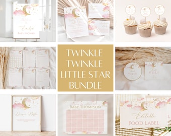 May include: A pink and gold baby shower printable bundle with a twinkle twinkle little star theme. The bundle includes invitations, food labels, thank you tags, a diaper raffle sign, a game card, and a baby shower countdown calendar.