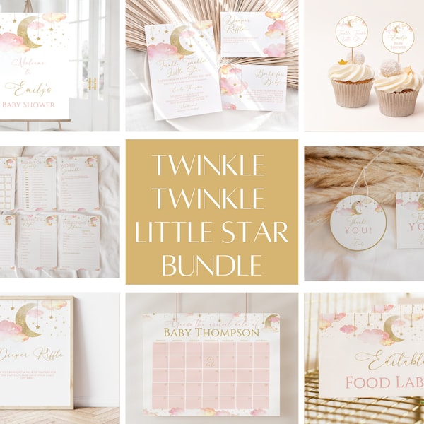 Editable Twinkle Twinkle Little Star Baby Shower Invitation  + Game Bundle, Pink Girl Baby Shower, Gold Moon Stars, Instant Download, CLP40