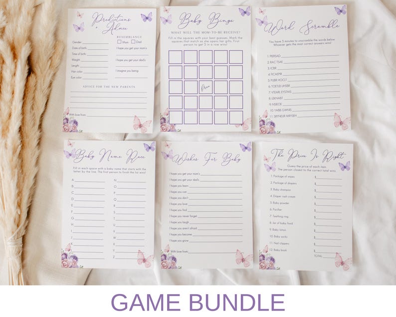Może przedstawiać: Zestaw drukowanych gier na baby shower w motywie fioletowych i białych motyli. Gry obejmują "Baby Bingo", "Word Scramble", "Baby Name Game", "Wishes for Baby" i "The Price is Right".