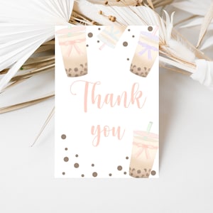 Boba Dankeskartenvorlage, bearbeitbare rosa Boba Dankeskarte, Bubble Tea Party, faltbare Karte, Boba Milchtee, Instant Download
