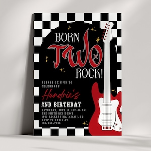 Born Two Rock Birthday Invitation, Red Rock & Roll Birthday Invite, Boy Punk Rock Birthday, Red Guitar Invitation, Two Rocks, BB11