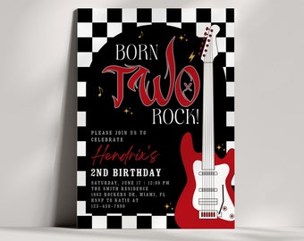 Rock And Roll Second Birthday Invitation | Red Guitar, Black White Checker - Digital Download BB12