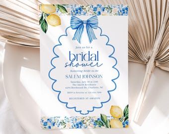 Mediterranean Lemon Bridal Shower Invitation, Positano Italian Blue Tile Bridal Shower Invite, Citrus Bridal Shower Invitation, BDS52