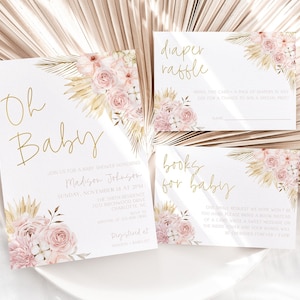 Paquete de invitaciones editables para baby shower boho rosa, set de invitaciones para baby shower Girl Oh, invitación boho floral para baby shower, CLP190