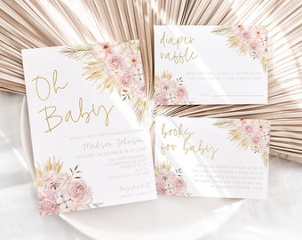 May include: A set of three printable cards for a baby shower. The cards are decorated with a floral design in shades of pink and gold. The text on the cards reads "Oh Baby", "Diaper Raffle", and "Books for Baby".