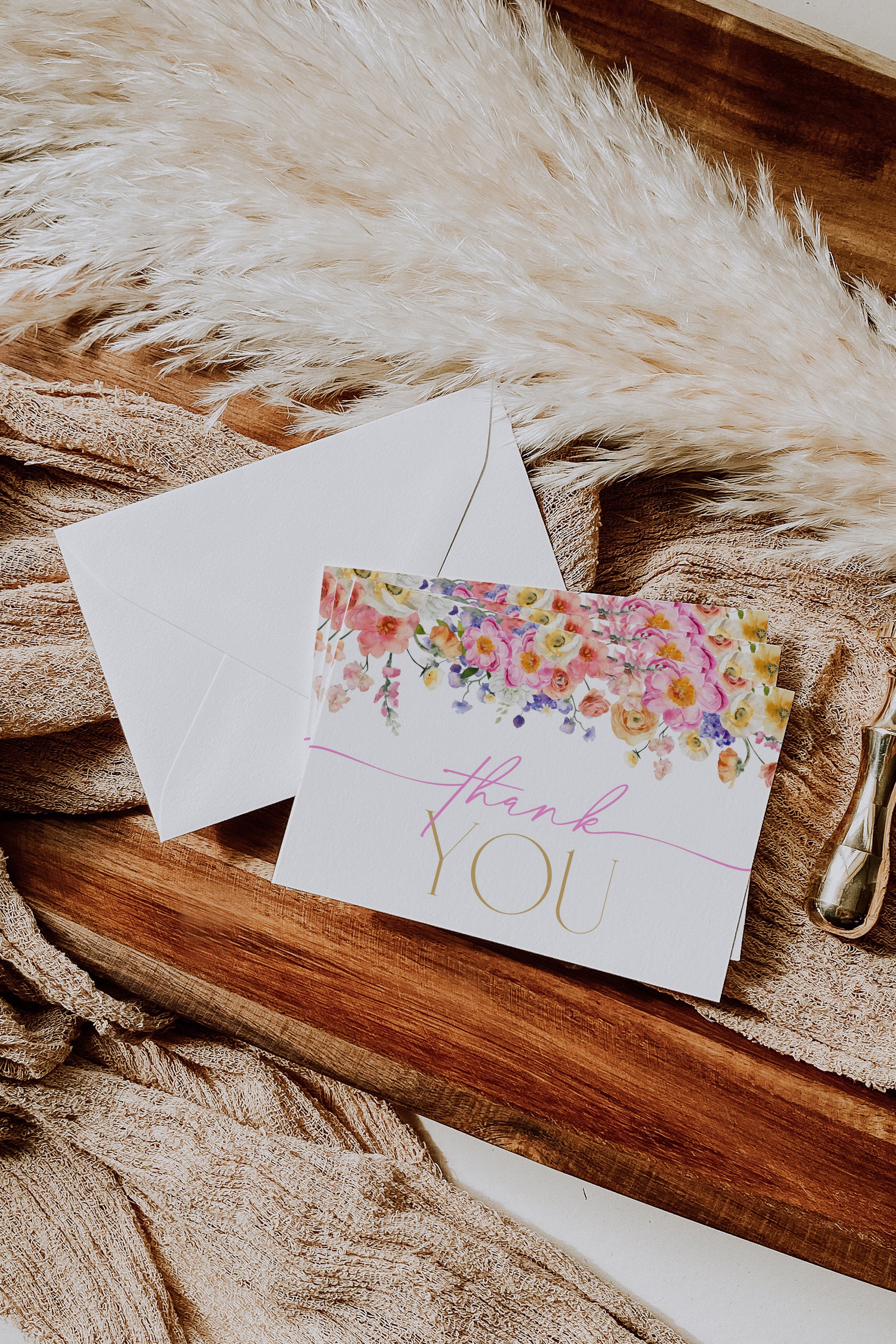 Floral Thank You Card, Pink & Orange Garden, Bridal Shower (digital ...