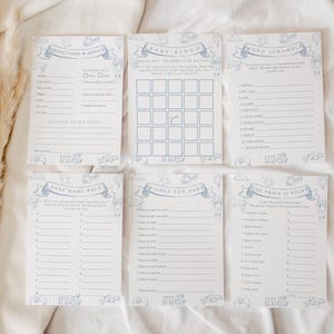 Bewerkbare toile de jouy-spelbundelsjabloon babyshower, stoffige blauwe Franse babyshowerspelset, afdrukbare vintage babyshowergames, BBS141