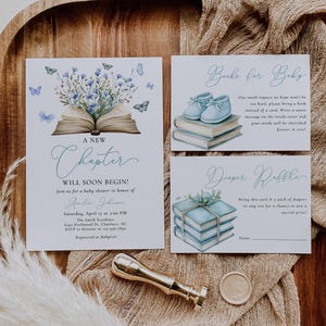 Ein neues Kapitel beginnt Babyparty Einladung Bündel, Storybook Babyparty einladen Set, Blaue Wildblume und Schmetterling, Junge Babyparty BBS154