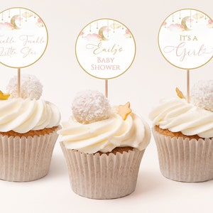 Editable Twinkle Twinkle Little Star Baby Shower Cupcake Toppers, Pink Girl Baby Shower, Gold Moon Stars Decoration, Instant Download, CLP40
