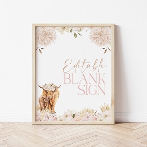 Editable Boho Highland Cow Blank Sign Template, Cow Floral Party Decoration, Holy Cow Birthday, Holy Cow Baby Shower,Instant Download, CLP15