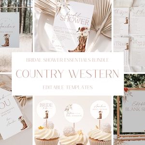 Boho Country Western Bridal Shower Invitation + Decoration Bundle, Cowgirl Boots Bridal Shower Invite Set, Boho Floral Cowboy Shower, CLP75