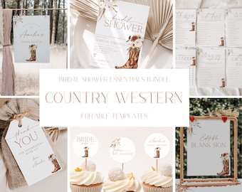 Boho Country Western Bridal Shower Invitation + Decoration Bundle, Cowgirl Boots Bridal Shower Invite Set, Boho Floral Cowboy Shower, CLP75