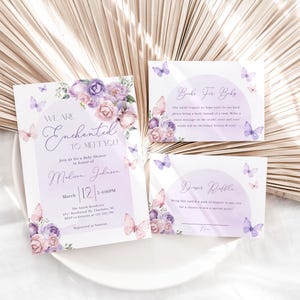 Bewerkbare Enchanted To Meet You Uitnodigingsbundel babyshower, afdrukbare paarsroze bloemen vlinder babyshower uitnodigingsset, Corjl BBS140