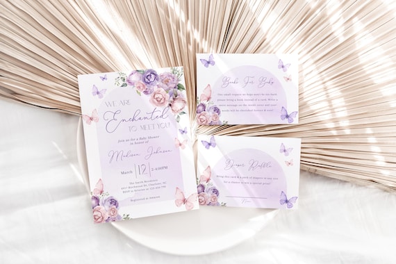 Editable Enchanted To Meet You Baby Shower Invitation Bundle, Printable Purple Pink Floral Butterfly Baby Shower Invite Set, Corjl BBS140