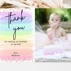 Plantilla de tarjeta de agradecimiento con foto de arcoíris editable, tarjeta de cumpleaños con arcoíris dorado brillante, tarjeta de agradecimiento colorida, tarjeta imprimible, descarga instantánea