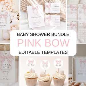 May include: Pink bow baby shower printable bundle with editable templates. Includes welcome sign, thank you tags, cupcake toppers, game cards, and a blank sign.