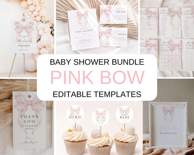 May include: Pink bow baby shower printable bundle with editable templates. Includes welcome sign, thank you tags, cupcake toppers, game cards, and a blank sign.