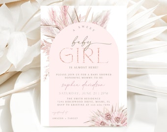 Zaproszenie na baby shower w stylu boho z motywem pampasu, dla dziewczynki (do pobrania w wersji cyfrowej) CLP94