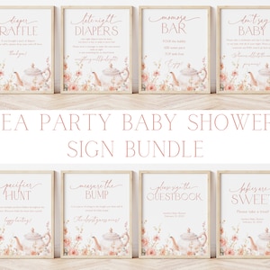 Editable Tea Party Baby Shower Sign Bundle, Printable Tea for Two Baby Shower Decoration, Tea Time Floral Baby Shower Game Table Sign, BBS41