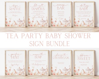 Editable Tea Party Baby Shower Sign Bundle, Printable Tea for Two Baby Shower Decoration, Tea Time Floral Baby Shower Game Table Sign, BBS41