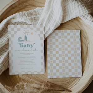 Uitnodiging surfstrand babyshower, sjabloon retroblauw BBS79