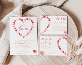 May include: Three white cards with pink hearts and pink text. The top card says "books for baby". The middle card says "diapers raffle". The bottom card says "baby love" and has the text "Join us for a baby shower honoring Kathryn Jackson".