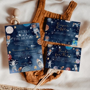 Bearbeitbares Weltraum-Babypartyeinladungs-Bundle, Galaxy-Babypartyeinladung, bedruckbar, über dem Mond, sofortiger Download