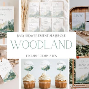 The image is a collage of various elements related to a baby shower, including a sign, a list, a cupcake topper, a cake topper, and a sign. The main focus of the image is the "Woodland" theme, which is represented by the word "WOODLAND" prominently displayed.