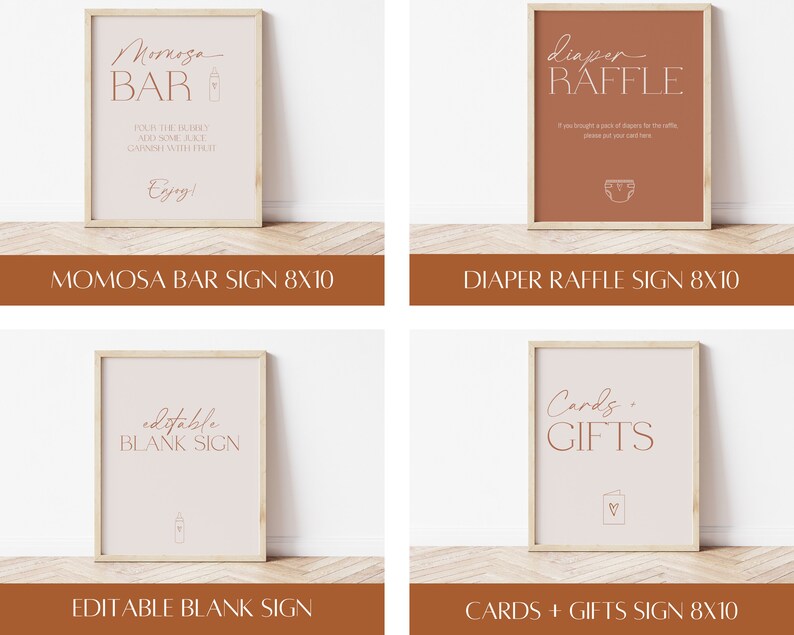 Peut inclure: Quatre pancartes imprimables de 20,3 x 25,4 cm pour une f&ecirc;te pr&eacute;natale. Les pancartes sont dans un cadre en bois brun clair et ont un fond rose clair avec du texte brun. Les pancartes disent "Mimosa Bar", "Tombola de couches", "Pancarte vierge modifiable", et "Cartes + Cadeaux".