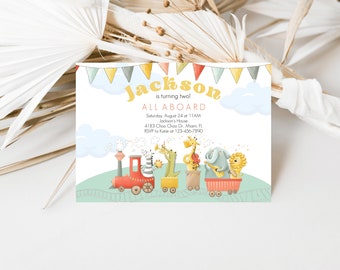 Animal Train Birthday Invitation, Editable Template (Digital Download)