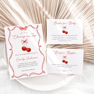 Bearbeitbares Kirschbabypartyeinladungs-Paket, rosa Schleifenkirsche oben Babypartyeinladungssatz, rote Kirschfrucht-Babypartyeinladung BBS145