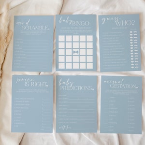 May include: A set of ten blue baby shower game cards with white text. The games include: Word Scramble, Baby Bingo, Guess Who, Price is Right, Baby Predictions, and Animal Gestation.