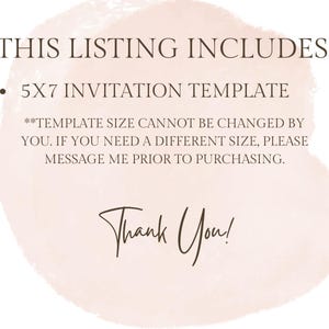 Puede incluir: Un fondo de acuarela rosa con el texto "THIS LISTING INCLUDES: 5X7 INVITATION TEMPLATE **TEMPLATE SIZE CANNOT BE CHANGED BY YOU. IF YOU NEED A DIFFERENT SIZE, PLEASE MESSAGE ME PRIOR TO PURCHASING. Thank You!"
