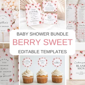Editable Berry Sweet Baby Invitation + Decoration Bundle, Printable Strawberry Baby Shower Invite + Game Set, Pink Strawberry Baby, BBS127