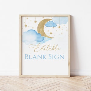Editable Twinkle Twinkle Little Star Baby Shower Blank Sign, Blue Boy Baby Shower, Gold Moon Stars Decoration, Instant Download, CLP41