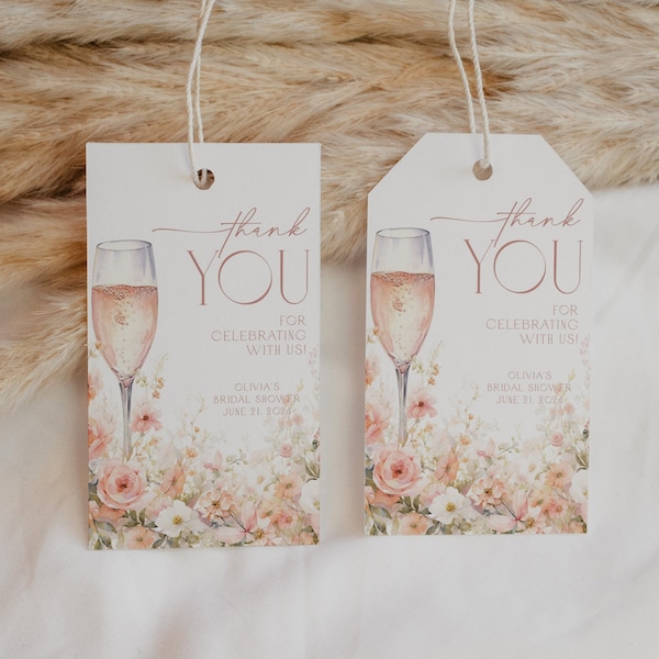 Editable Petals and Prosecco Bridal Shower Favor Tag, Pink Pastel Petals and Prosecco Bridal Shower Thank You Tag, BDS9