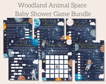 Woodland Animal Space Baby Shower Game Bundle, Over the Moon Baby Shower Games, Baby Bingo, Instant Download,