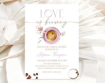 Love Is Brewing Bridal Shower Invitation, Pink Coffee Invite (Digital Template) CLP184