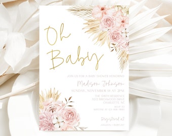Różowe Boho Kwiatowe Zaproszenie Na Baby Shower, Oh Baby Shower Zaproszenie, Dziewczęce Zaproszenie Na Baby Shower, Boho Oh Baby, Różowy Szablon Zaproszenia Boho, CLP190